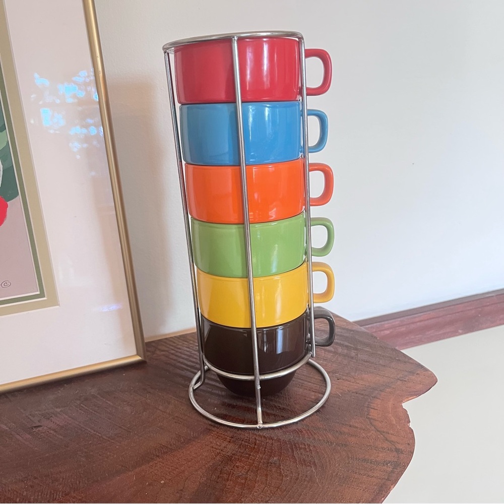 Vintage World Market Colorful Stacking Coffee Mugs Set and Holder